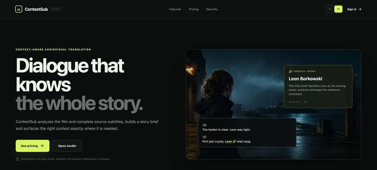 The contextsub.com home page: the headline “Dialogue that knows the whole story” and a film still overlaid with context cards describing a character and her role in the scene.
