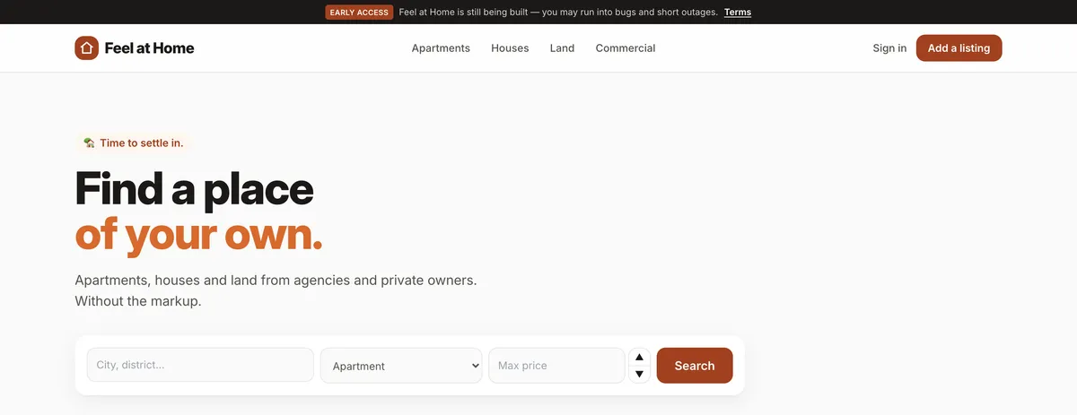The feelathome.io home page with the headline and a property search form.