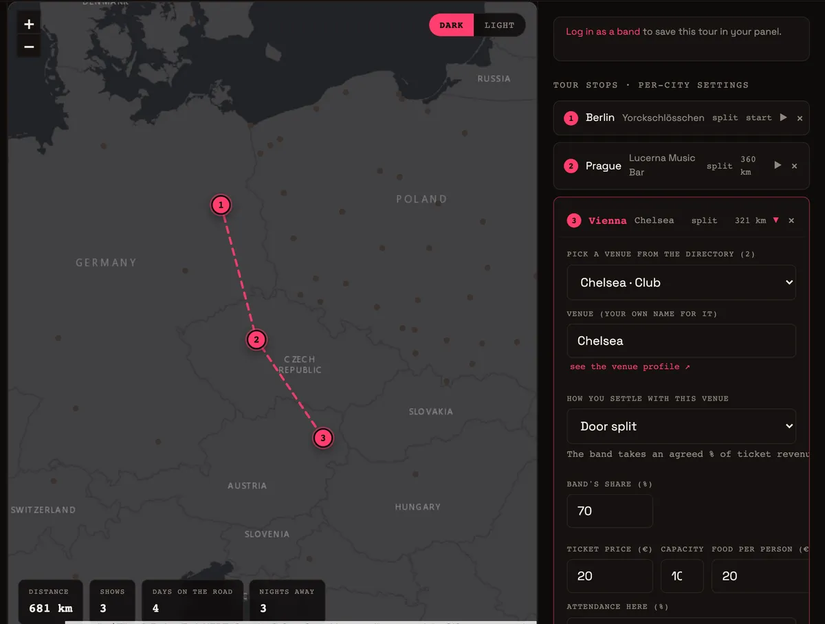The tour planner on letsplayagig.com: a map of Central Europe with a three-stop route Berlin, Prague, Vienna, the list of stops with venues from the directory, and the deal settings for Vienna.