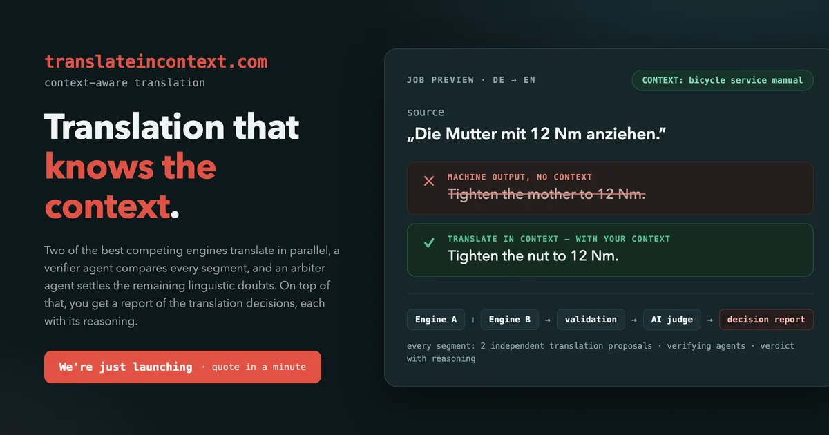 Translate in Context home page: the English sentence “Tighten the nut to 12 Nm.” translated without context (wrong) and with the context of a bicycle service manual (correct).