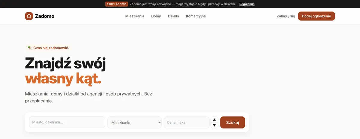 Strona główna zadomo.pl: hasło „Znajdź swój własny kąt” i wyszukiwarka ofert z polami miasto, typ nieruchomości i cena maksymalna.